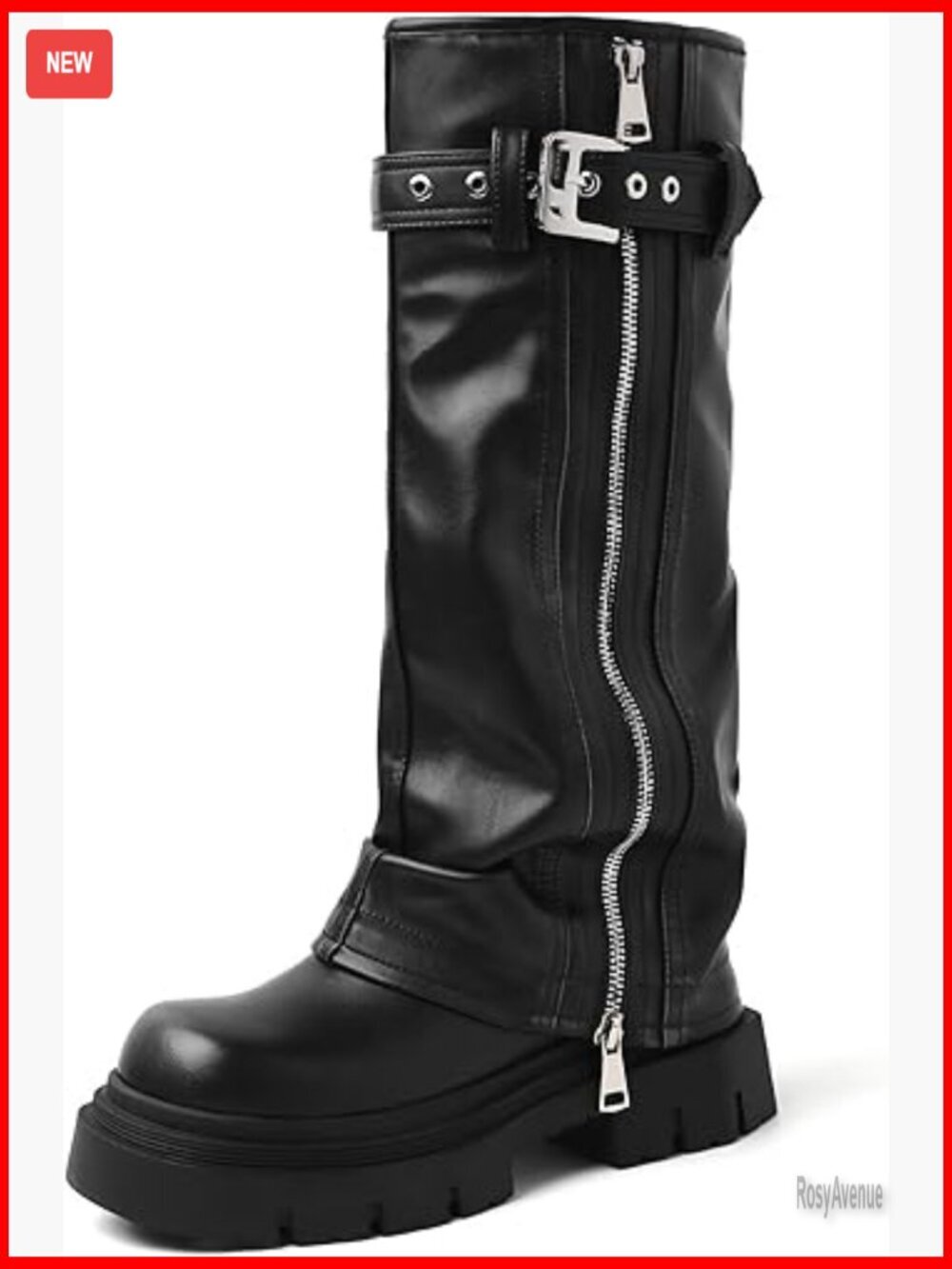 Platform Knee High Combat Boots Fold Over Biker Square Toe Chunky Heel